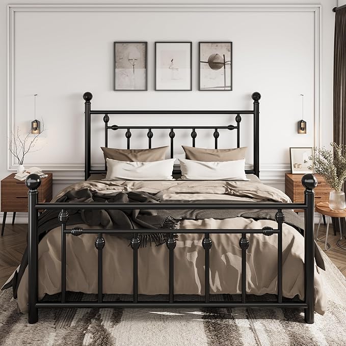 SHA CERLIN 14" Queen Size Metal Platform Bed Frame/Victorian Headboard and Footboard/Steel Slats Mattress Foundation for Storage/No Box Spring Needed/Noise Free/Black