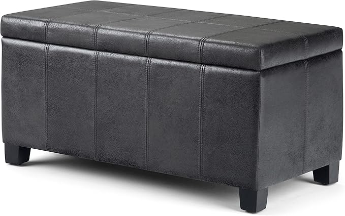 SIMPLIHOME Dover Storage Ottoman Bench - 36 inch Wide Upholstered Vegan Leather Rectangular Lift-Top Ottoman in Distressed Black, Contemporary Bench for Living Room with Safety Hinges