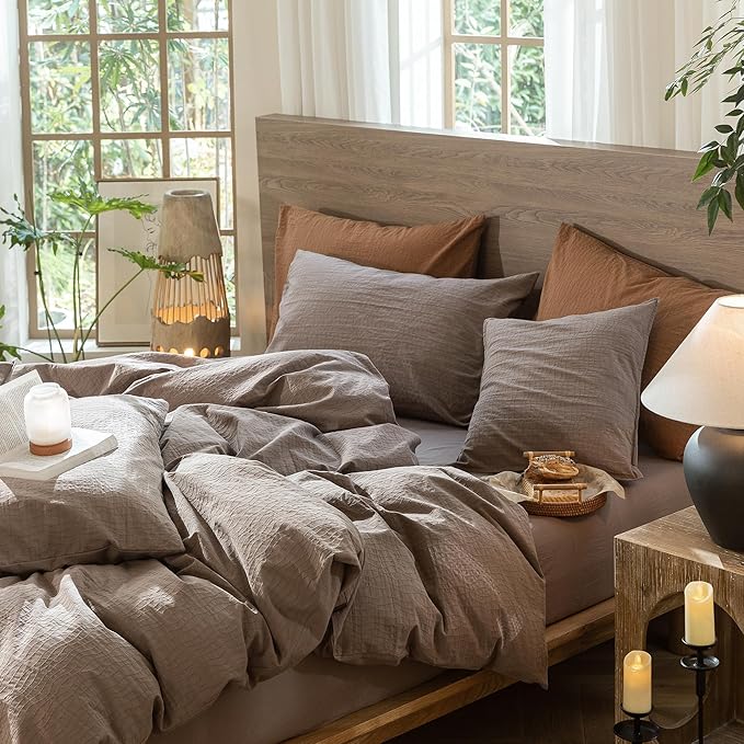 MooMee Wavy Striped Duvet Cover Set 100% Washed Cotton Linen Like Textured Breathable Durable Soft Comfy (Brown, Alaska King 132"x120")
