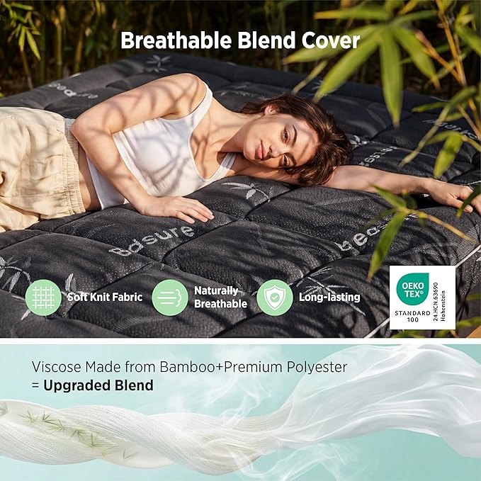 Bedsure Dual-Layer 5 Inch Memory Foam Mattress Topper Full Size, 3 Inch Memory Foam + 2 Inch Viscose Made from Bamboo Mattress Topper Pad Cover, Breathable & Pressure Relief, Black