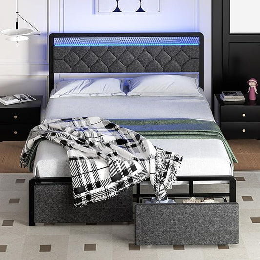 Shintenchi Full Size Bed Frame with Headboard, Metal Platform Bed Frames Full Size with 2 Under-Bed Storage Drawers, LED Lights, Soft Linen, Noise Free, No Box Spring Needed, Easy Assembly,Gray