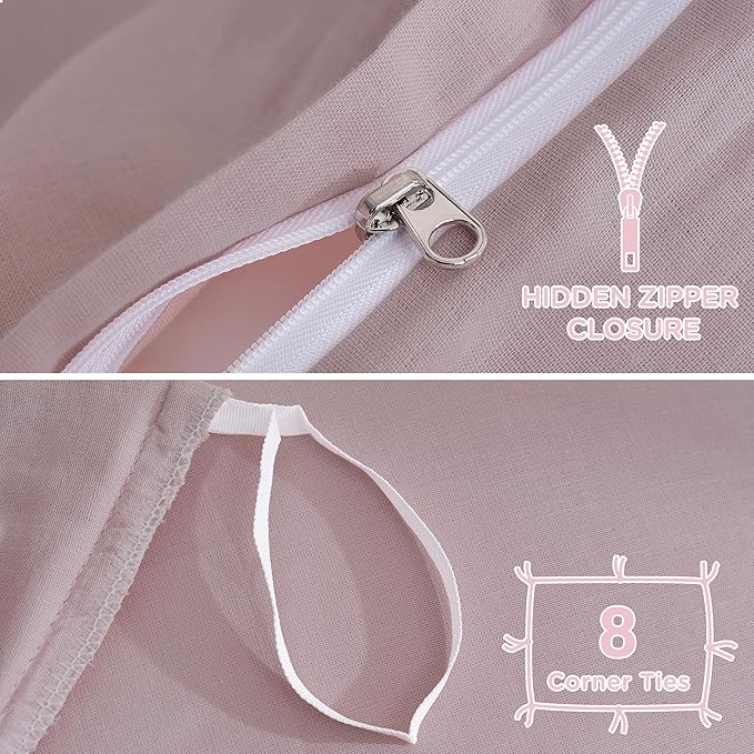 TOCOMOA Muslin Duvet Cover 100% Cotton Like Linen Texture Breathable Soft Comfy 3-Piece Pink Comforter Cover Bedding Set (King 104"x90", Comforter Not Included)