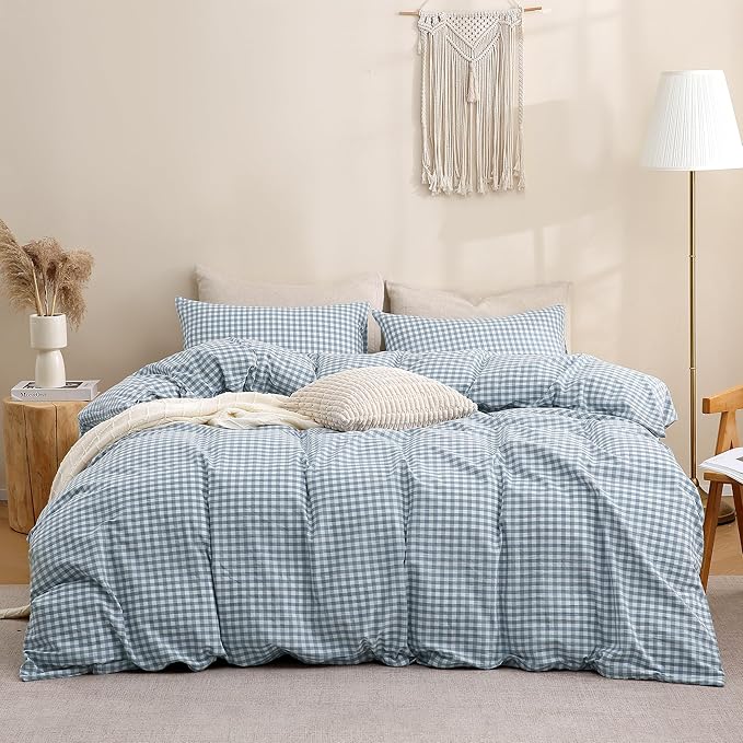 TOCOMOA Blue Gingham Duvet Cover Bedding Set 100% Washed Cotton Like Linen Feel Super Soft Comfortable 3 Piece Vintage Plaid Checkered Comforter Cover Set (Full 80"x90", Comforter Not Included)