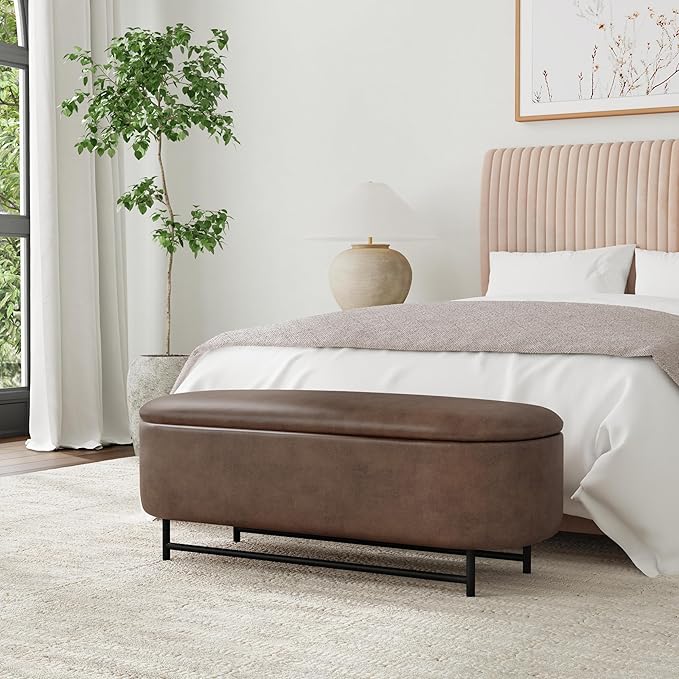 HomePop Ellipse Modern Storage Bench with Metal Legs |Homepop Home Décor|Bench with Storage for Living Room & Bedroom - Brown Faux Leather