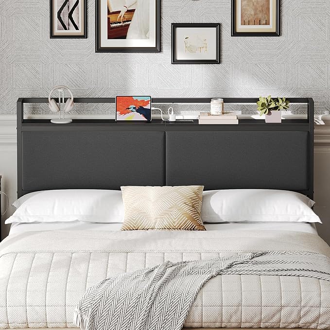 YATINEY Queen Size Headboard with Storage Shelves, Upholstered Headboard with Charging Station, Height Adjustable, Sturdy and Stable, Vintage Style, Black