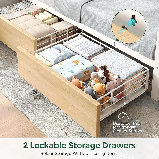 Jocoevol Twin Corner Bed Frame with Storage Drawers and LED Light, Heavy Duty Metal Daybed with Upholstered Storage Headboard & Charging Station, Twin Size Day Bed for Kids Teens Guests, White