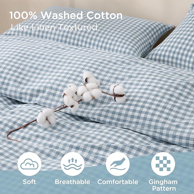 TOCOMOA Blue Gingham Duvet Cover Bedding Set 100% Washed Cotton Like Linen Feel Super Soft Comfortable 3 Piece Vintage Plaid Checkered Comforter Cover Set (Full 80"x90", Comforter Not Included)