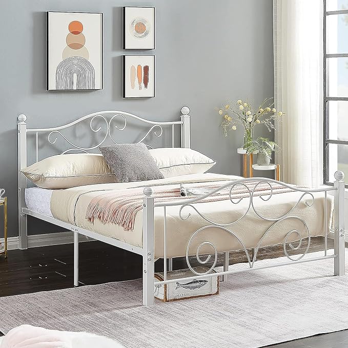 VECELO Queen Size Bed Frame with Headboard and Footboard, Heavy Duty Metal Slat Support, Platform Mattress Foundation, No Box Spring Needed, Easy Assembly, White