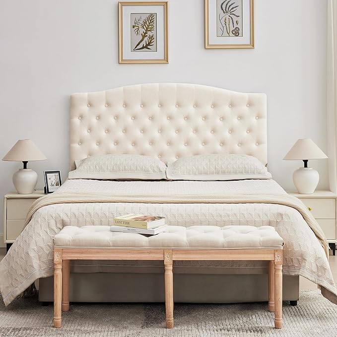 Tufted Upholstered Tall Headboard Queen Size, Sturdy and Durable Solid Wood Bed headboards, Comfortable Linen Fabric Queen Headboard Only, Modern Luxury Button Diamond Design Head Board, Beige