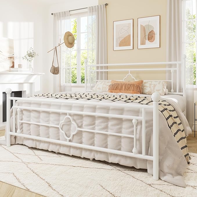 Allewie King Size Metal Platform Bed Frame with Victorian Vintage Headboard and Footboard/Mattress Foundation/Under Bed Storage/No Box Spring Needed/Noise-Free/Easy Assembly, White