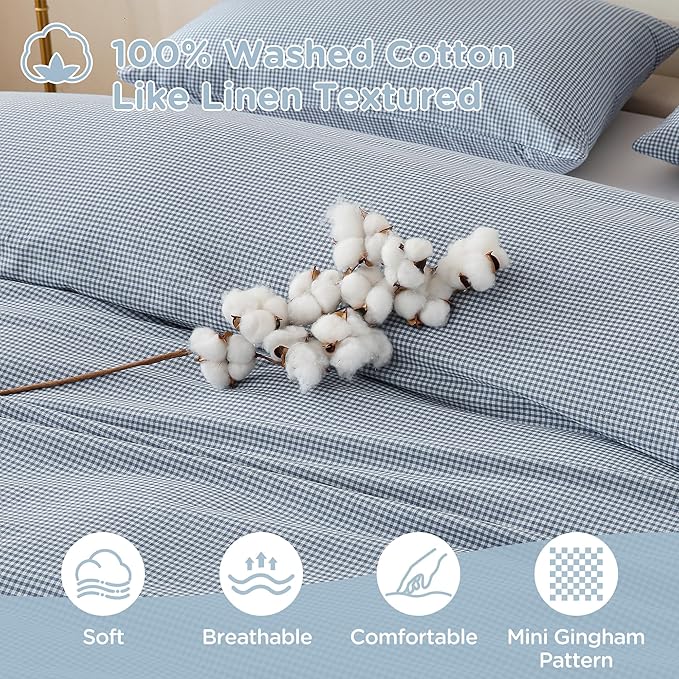 TOCOMOA Mini Gingham Blue Duvet Cover Bedding Set 100% Washed Cotton Like Linen Feel Super Soft Comfortable 3 Piece Small Plaid Checkered Comforter Cover Set (Queen 90"x90", Comforter Not Included)