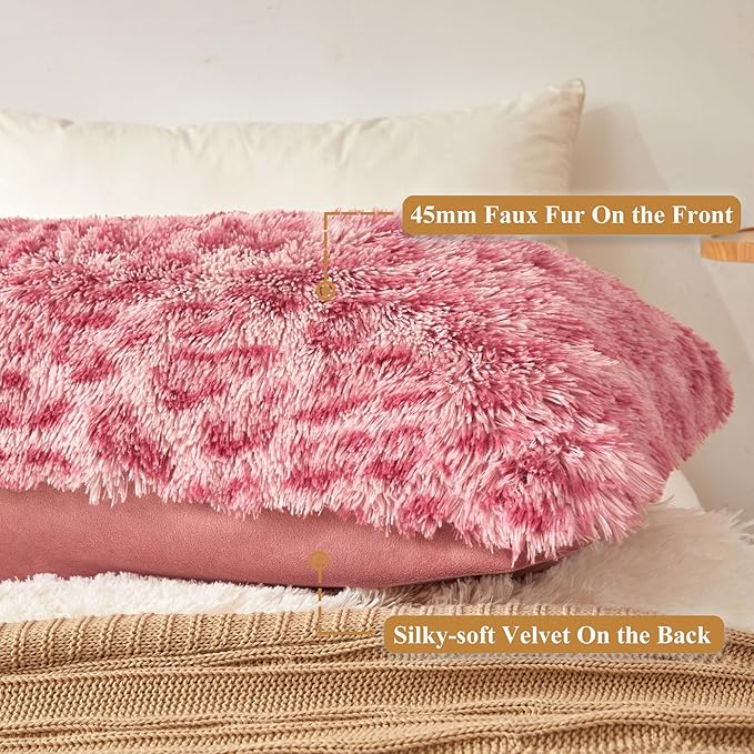 XeGe 20x54 Fluffy Cheetah Print Body Pillow Cover, Leopard Print Plush Fuzzy Faux Fur Body Pillowcase with Zipper, Farmhouse Shaggy Furry Long Pillow Cover for Women Side Sleeper, Pink