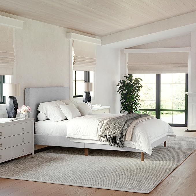Martha Stewart Britta Platform Bed with Headboard & Footboard, Faux Linen Upholstery with Piping Detail, Rounded Headboard, No Box Spring Needed, Full, Gray