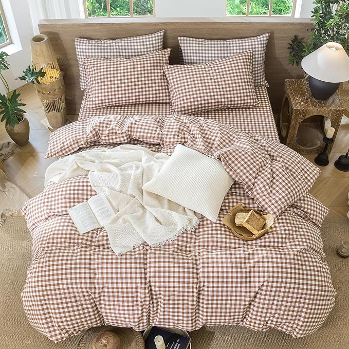 MooMee Gingham Duvet Cover Set 100% Washed Cotton Linen Like Textured Breathable Durable Soft Comfy Modern Checkered Design (Dark Orange Gingham, Palatial King/Oversized King 120"x98")