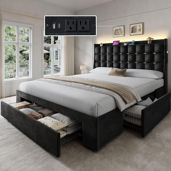 YITAHOME Queen Size Bed Frame with 3 Storage Drawers and RGB LED Lights, Velvet Upholstered Bed with Charging Station and Storage Headboard, No Box Spring Needed, Easy Assembly, Noise-Free, Cool Black