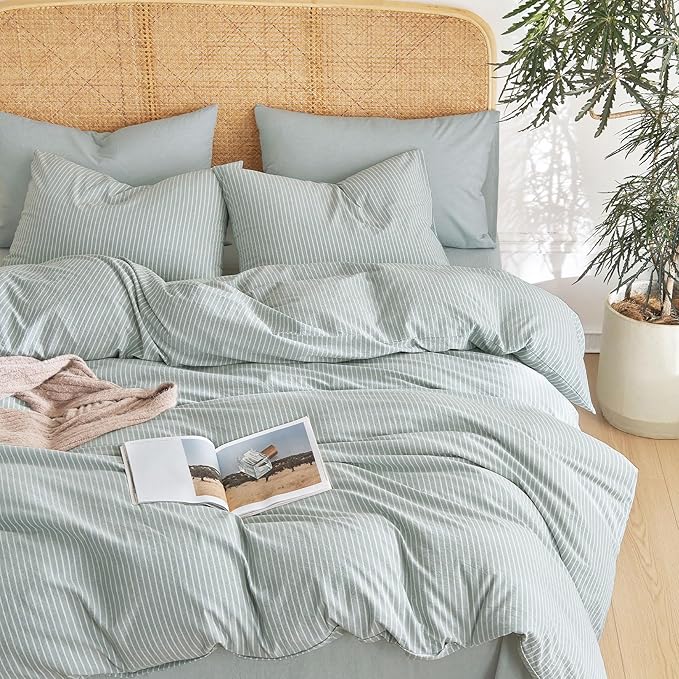 Wake In Cloud - Striped Cotton Duvet Cover Set, 100% Washed Cotton Textured Percale Bedding Set, Ticking Stripe Pinstripe Farmhouse, 3 Pieces, Greyish Blue, Queen Size