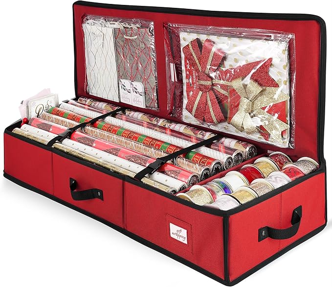 Hearth & Harbor Wrapping Paper Storage Container - Christmas Storage Bag with Interior Pockets - Gift Wrap Organizer Fits Up to 22 Rolls of 40" - Tear Proof, Red
