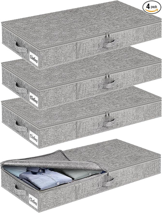 Under Bed Storage Container Bins 4 Pack, 5 Inch Thin Low Profile Underbed Clothes Storage Organizer for Dorm & Home, Use for Blanket and Toy Storage Box W/ Sturdy Bottom/Sides, Foldable Thick Fabric