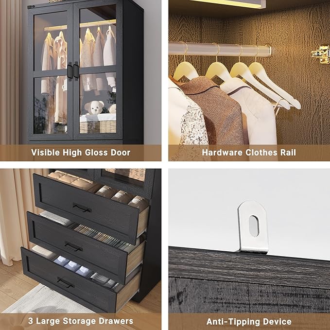 75" Tall Farmhouse 2 Doors Armoire Wardrobe Closet with 3 Drawers and LED,Freestanding Closet Wardrobe Cabinet for Bedroom with Hanging Rod,Wooden Armoire Storage Cabinet with Adjustable shelve(Black)