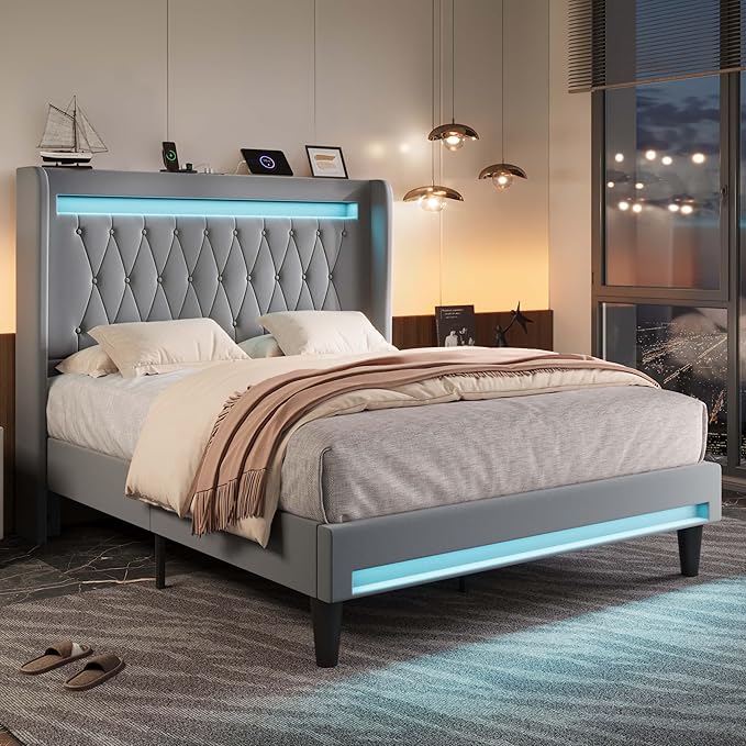 Allewie Upholstered Queen Size Platform Bed Frame with LED Light and Charging Station, Button Tufted High Headboard, Wingback Design, Noise Free, Easy Assembly, No Box Spring Needed, Grey