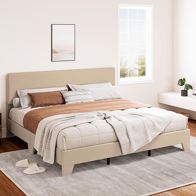 SHA CERLIN Upholstered King Size Bed Frame with Adjustable Headboard, Stable Mattress Foundation, Strong Back-Support, No Box Spring Needed, Beige