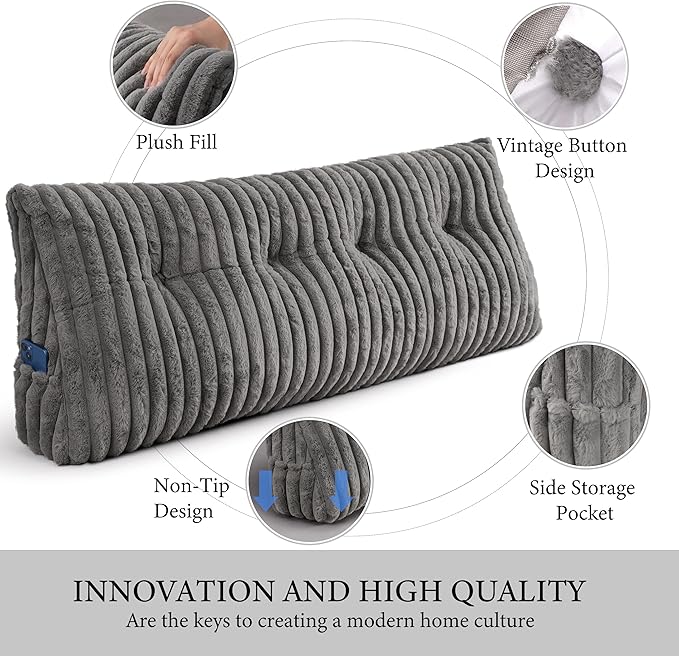 Headboard Pillow Full, Triangular Wedge Pillow Headboard Full, Cushion Headboards Reading Pillows, Backrest Pillows for Sitting in Bed or Working with Removable Cover, Grey