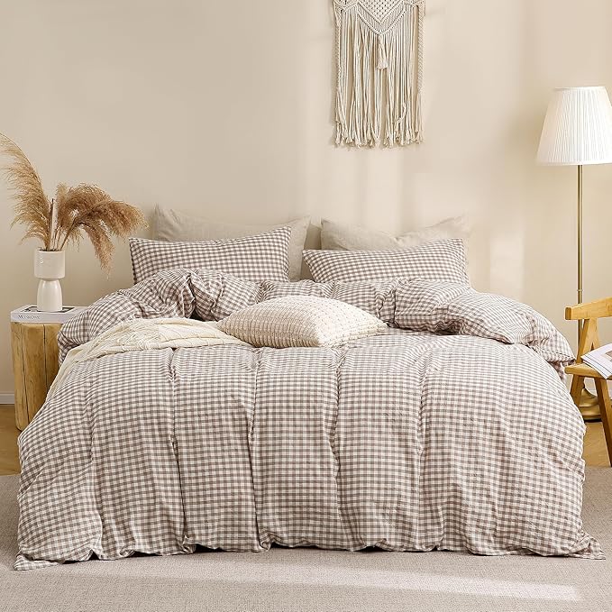TOCOMOA Tan Gingham Duvet Cover Bedding Set 100% Washed Cotton Like Linen Feel Super Soft Comfy 2 Piece Brown Vintage Plaid Checkered Fall Comforter Cover Set (Twin 68"x90", Comforter Not Included)