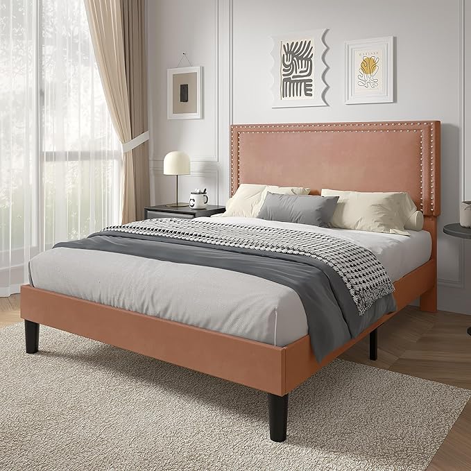 VECELO Queen Size Platform Bed Frame with Height Adjustable Upholstered Headboard, Modern Mattress Foundation,Strong Wood Slat Support, No Box Spring Needed, Easy Assembly,Brown