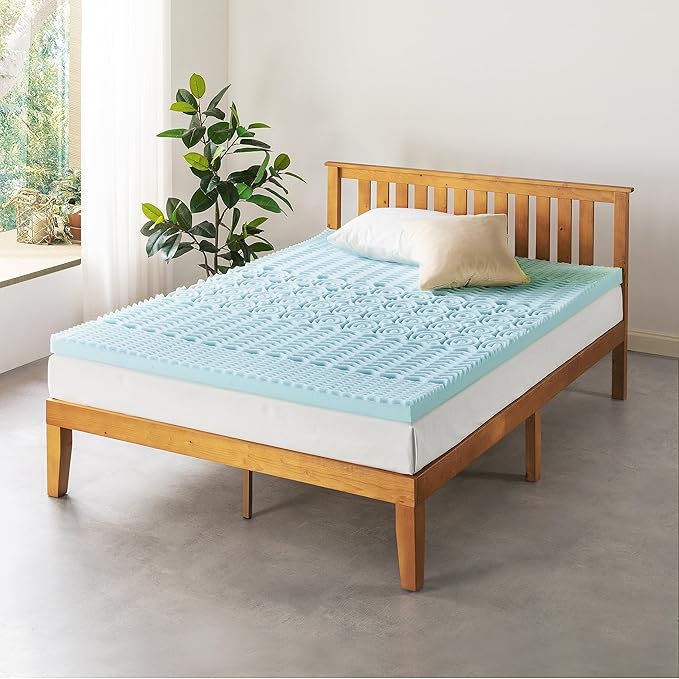 Mellow 3 Inch 5-Zone Memory Foam Mattress Topper, Cooling Gel Infusion, Dorm Essentials, Queen Blue