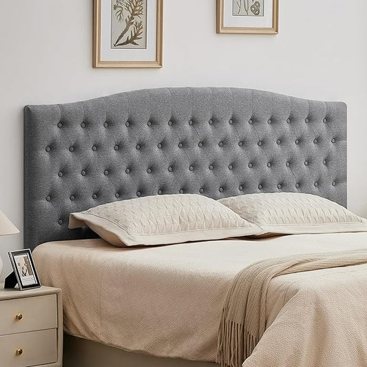 Tufted Upholstered Tall Headboard King Size, Sturdy and Durable Solid Wood Bed headboards, Comfortable Linen Fabric King Headboard Only, Modern Luxury Button Diamond Design Head Board, Grey