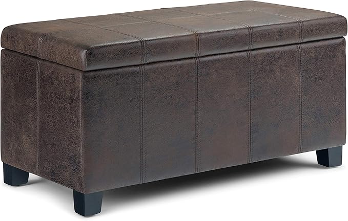 SIMPLIHOME Dover Storage Ottoman Bench - 36 inch Wide Upholstered Vegan Leather Rectangular Lift-Top Ottoman in Distressed Brown, Contemporary Bench for Living Room with Safety Hinges