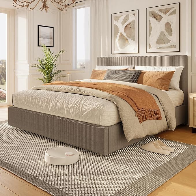 IDEALHOUSE Full Size Bed Frame with Tufted Wingback Headboard, Platform Corduroy Upholstered Bed Frame with 4 Storage Drawers and Wooden Slats Support, No Box Spring Needed, Brown