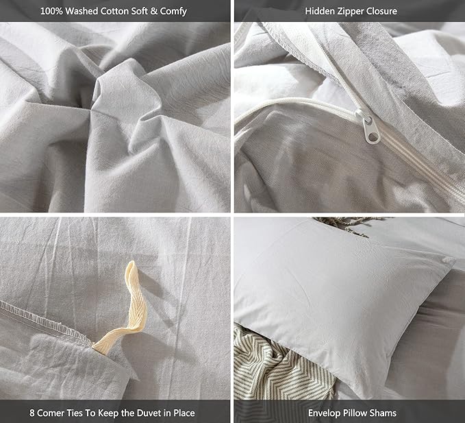 MooMee Bedding Duvet Cover Set 100% Washed Cotton Linen Like Textured Breathable Durable Soft Comfy (Lavender Grey, Queen)