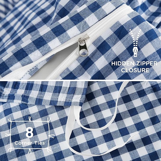 TOCOMOA Navy Blue Gingham Duvet Cover Bedding Set 100% Washed Cotton Like Linen Feel Super Soft Comfy 3 Piece Dark Blue Plaid Checkered Comforter Cover Set (Queen 90"x90", Comforter Not Included)