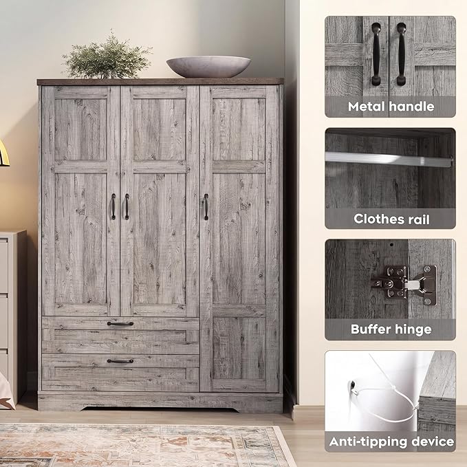 XIAO WEI Armoire Wardrobe Closet with 3 Door, Bedroom Wooden Armoires with Full Length Mirror, Large Clothing Storage Cabinet 2 Drawers, Hanging Rod, Shelves (Gray, 3 Door)