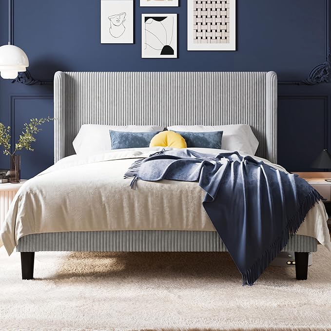 Allewie Queen Size Bed Frame with Upholstered Wingback Headboard, Vertical Channel Tufted Corduroy Velvet Platform Bed, Strong Wooden Slats Support, No Box Spring Needed, Easy Assembly, Light Grey