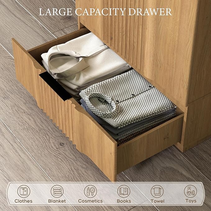 Brafab 67" Fluted Armoire Wardrobe Closet with Drawers and Doors, Wooden Wardrobe Cabinet with Adjustable Shelves, Modern Storage for Clothes, Dream Wardrobe Wall for Bedroom, Natural (3 pcs)