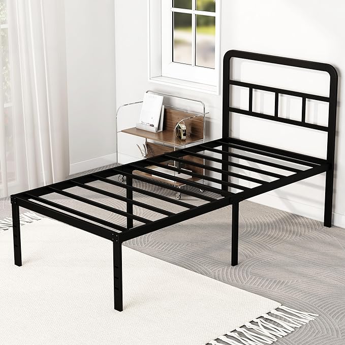 DiaOutro 18 Inch Twin XL Bed Frame with Headboard No Box Spring Needed Metal Platform Heavy Duty Steel Slat Mattress Foundation/Easy Assembly/Noise Free/Black