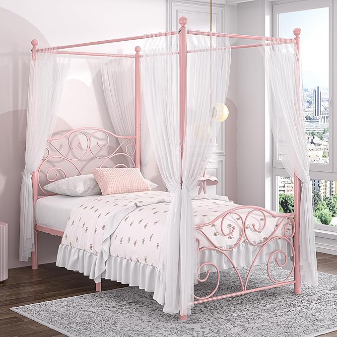 VECELO Metal Canopy Bed Frame Twin Size, 4 Posters Platform Mattress Foundation with Headboard, Heavy Duty Steel Slats Support, No Box Spring Needed, Pink