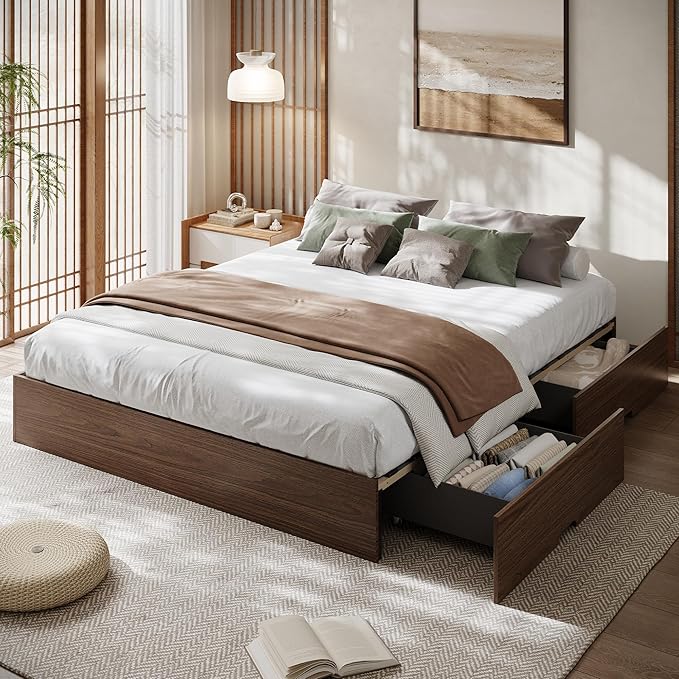 GarveeHome California King Wood Platform Bed Frame with 2 Storage Drawers, Wooden Bed Frame Without Headboard, Wood Slat Support, No Box Spring Needed, Easy Assembly