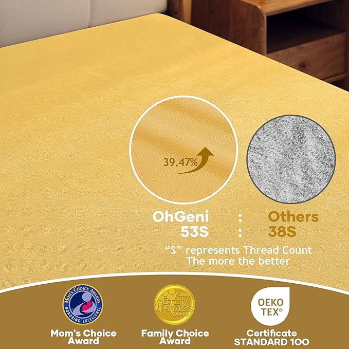 OhGeni 100% Waterproof Mattress Protector, Queen Size Yellow, Fitted Sheet with Deep Pockets, 6''-18'', Premium Noiseless Breathable Soft Material, Mattresses Cover for Bed