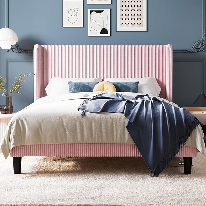 Allewie Queen Size Bed Frame with Upholstered Wingback Headboard, Vertical Channel Tufted Corduroy Velvet Platform Bed, Strong Wooden Slats Support, No Box Spring Needed, Easy Assembly, Light Pink