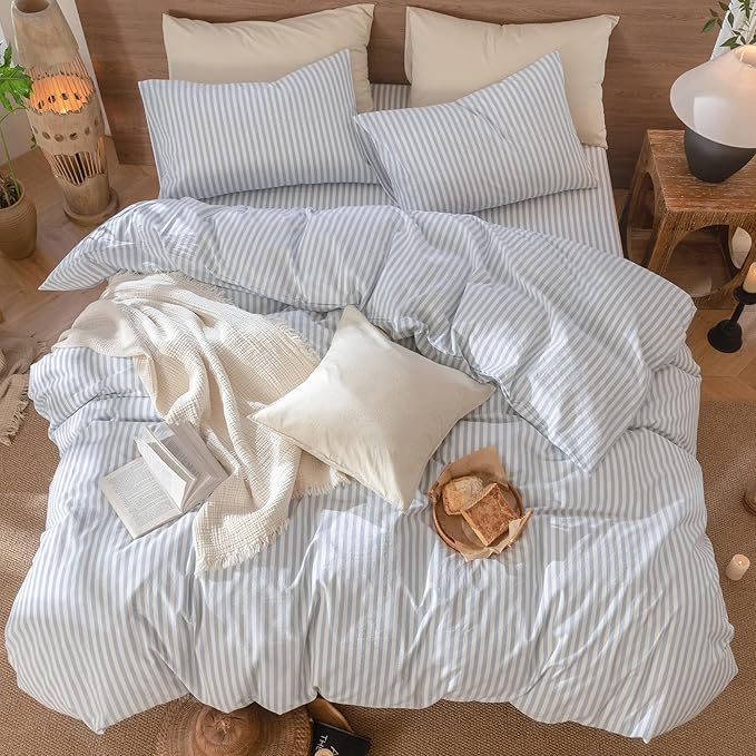 MooMee Striped Duvet Cover Set 100% Washed Cotton Linen Like Textured Breathable Durable Soft Comfy (Cornflower Blue White Classic Stripes, Alaska King 132"x120")