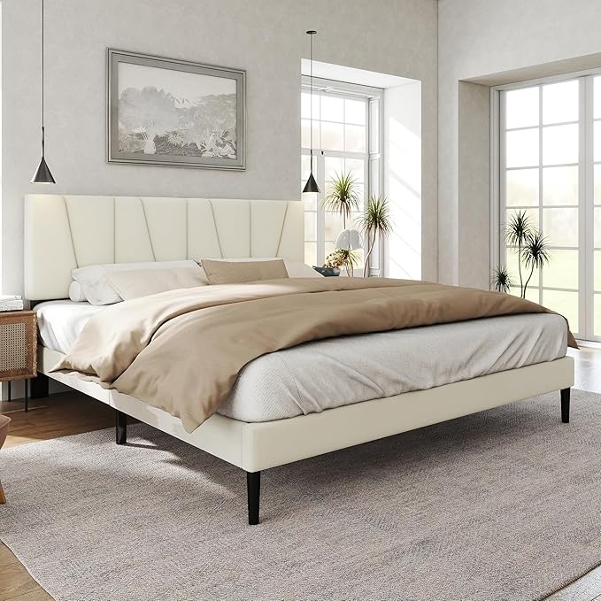 HAOARA Queen Size Bed Frame with Fabric Upholstered Headboard, Platform Bed with Wooden Slats Support, Fully Mattress Foundation, Box Spring Optional, Easy Assembly