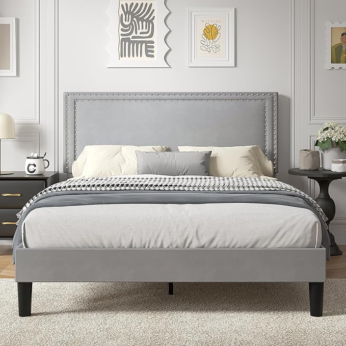 VECELO Full Size Platform Bed Frame with Height Adjustable Upholstered Headboard, Modern Mattress Foundation,Strong Wood Slat Support, No Box Spring Needed, Easy Assembly,Light Grey