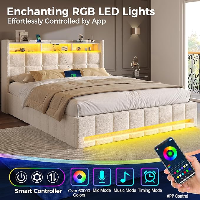 Rolanstar Bed Frame Full Size with Lift Up Storage, Charging Station & LED Lights, Upholstered Storage Headboard, Heavy Duty Wooden Slats, No Box Spring Needed, Noise Free, Easy Assembly, Beige