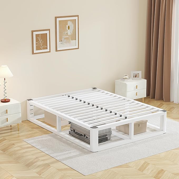 14 Inch Queen Bed Frame with Rounded Corner and Headboard Hole, Metal Platform Bed Frames 6 Non-Slip Guards, 3500lbs Heavy Duty Steel Slat Support, Squeak Free, No Box Spring Needed, White