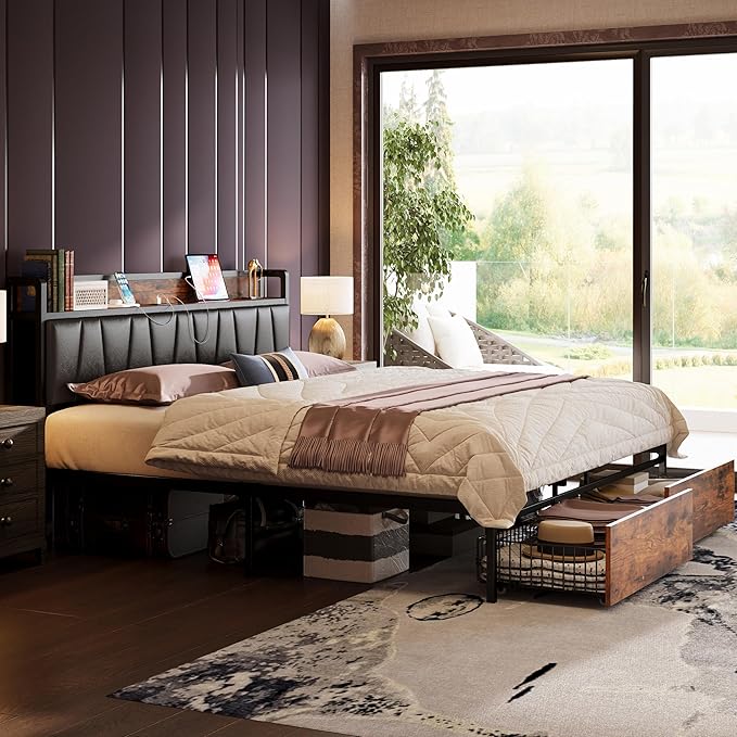 LIKIMIO King Size Bed Frame, Storage Headboard with Charging Station, Platform Bed with Drawers, No Box Spring Needed, Easy Assembly, Vintage Brown and Black