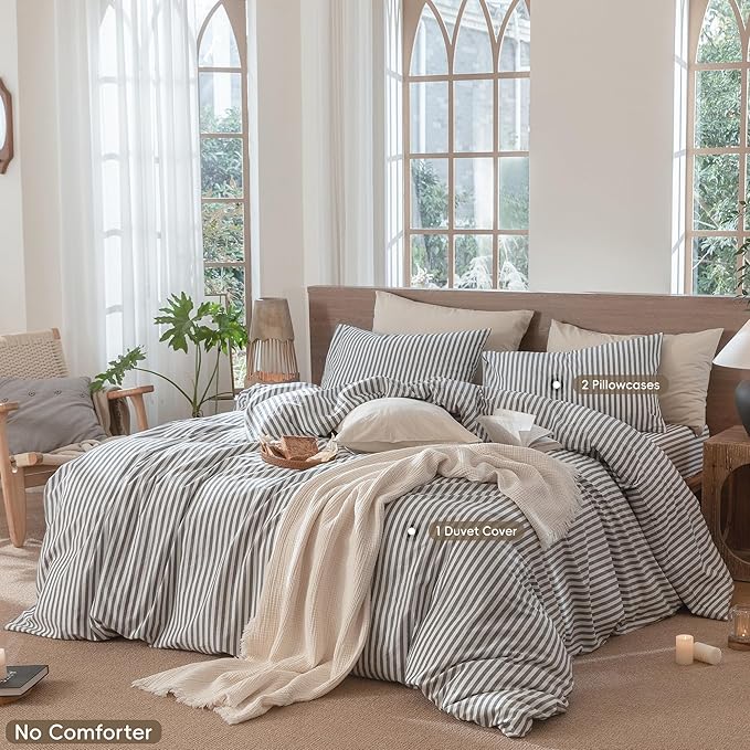 MooMee Striped Duvet Cover Set 100% Washed Cotton Linen Like Textured Breathable Durable Soft Comfy (Dark Grey White Classic Stripes, Queen 90"x90")