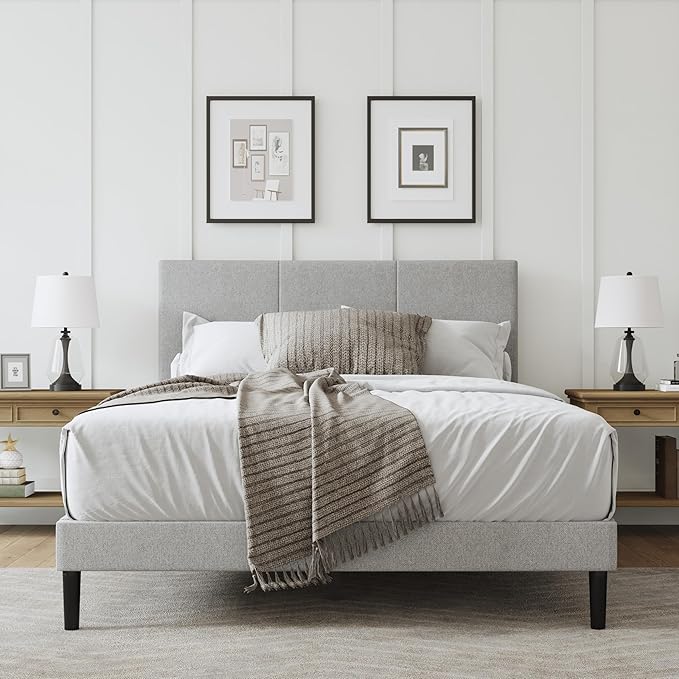Full Size Bed Frame with Headboard, Fabric Upholstered Platform Bed Frame, Sturdy Slatted Support for Springless Mattresses, Silent Operation, Easy to Assemble, Gray
